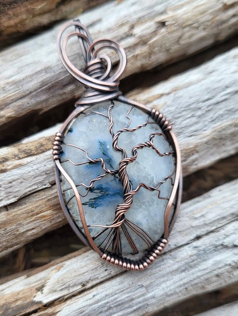 Handcrafted Tree Of Life Pendant Featuring Moss Quartz Cabochon